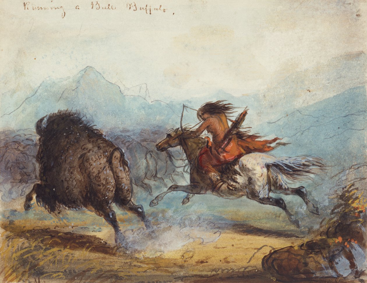 Indische Frau jagt einen Büffel, ca. 1858-60 von Alfred Jacob Miller
