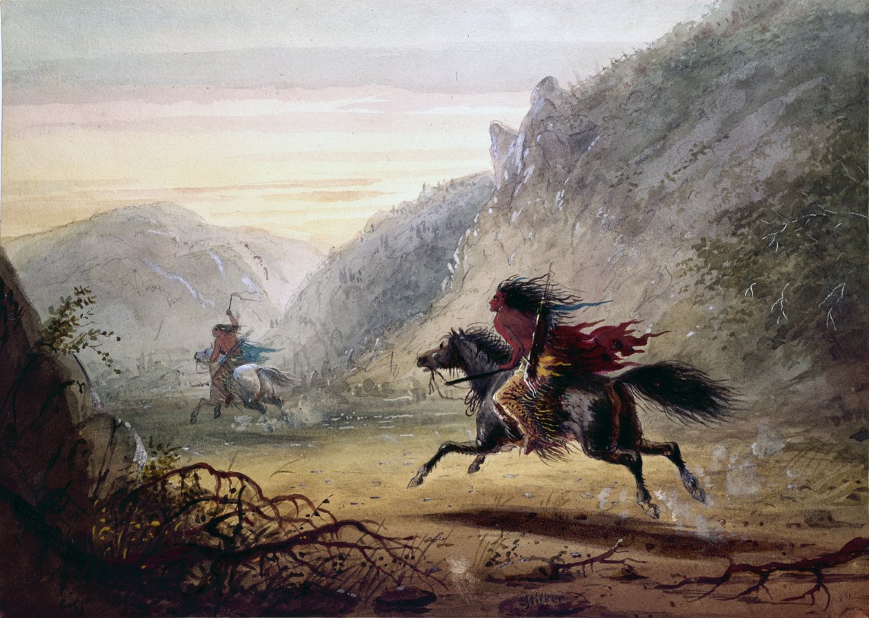 Snake-Indianer verfolgt "Crow" Pferdedieb von Alfred Jacob Miller