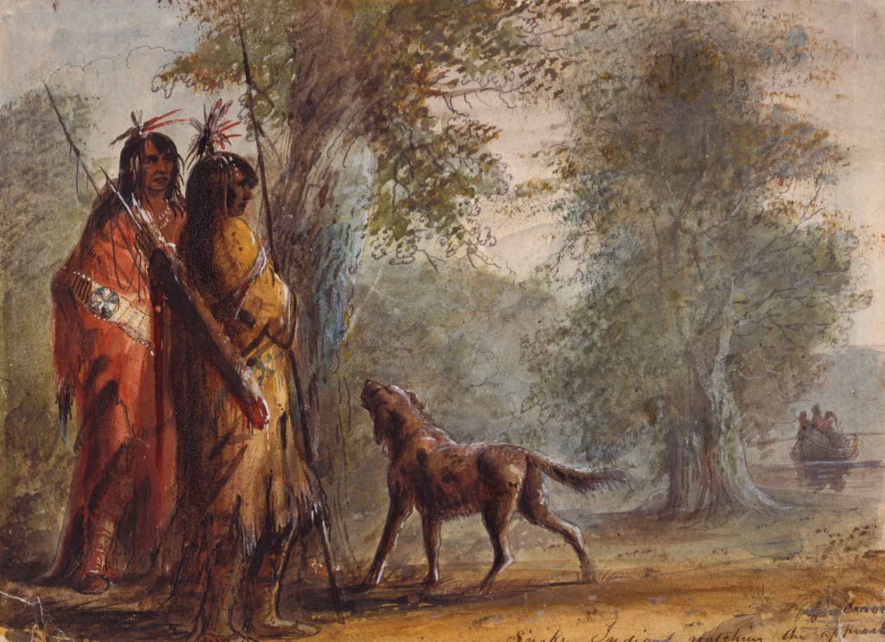 Schlangenindianer beobachten die Annäherung eines Kanus, ca. 1837 von Alfred Jacob Miller