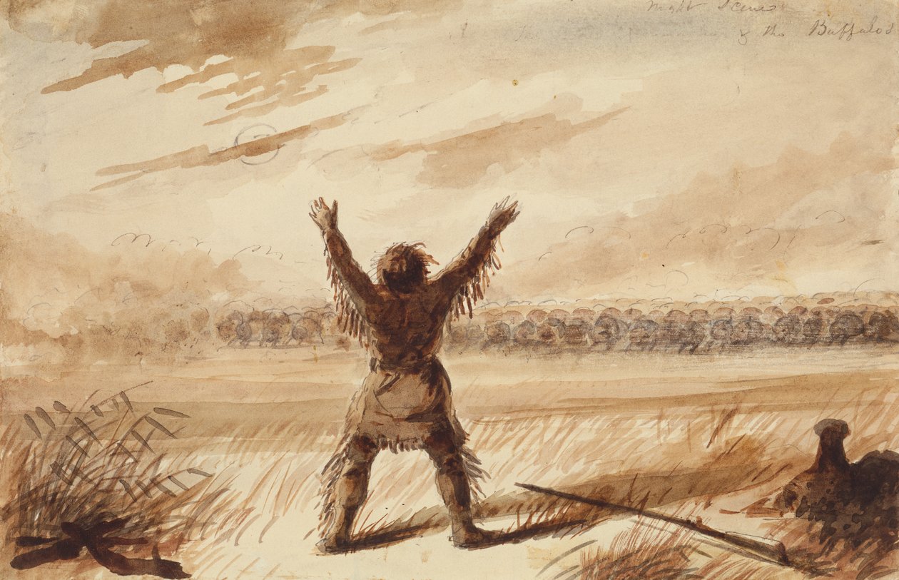 Ein Trapper wird in seiner Ruhe von einer Büffelherde gestört, um 1837 von Alfred Jacob Miller
