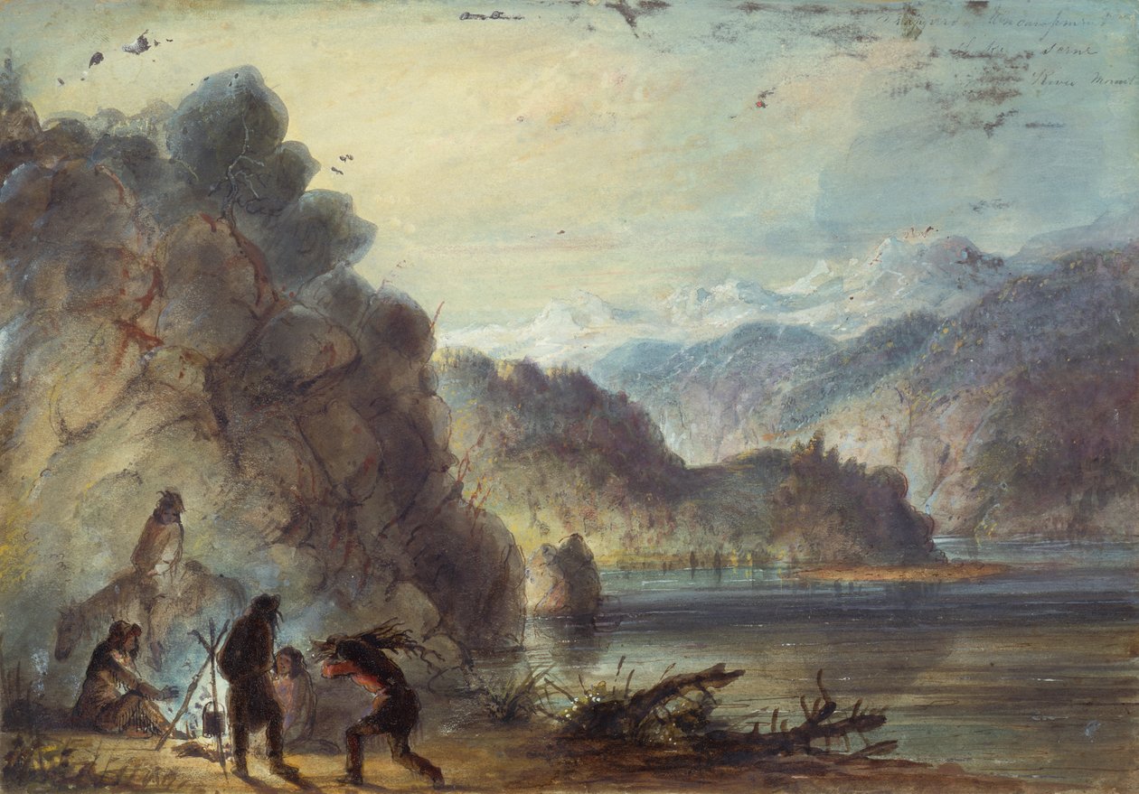 Lager des Fallenstellers, Seeszene, Wind River Mountains, ca. 1837 von Alfred Jacob Miller