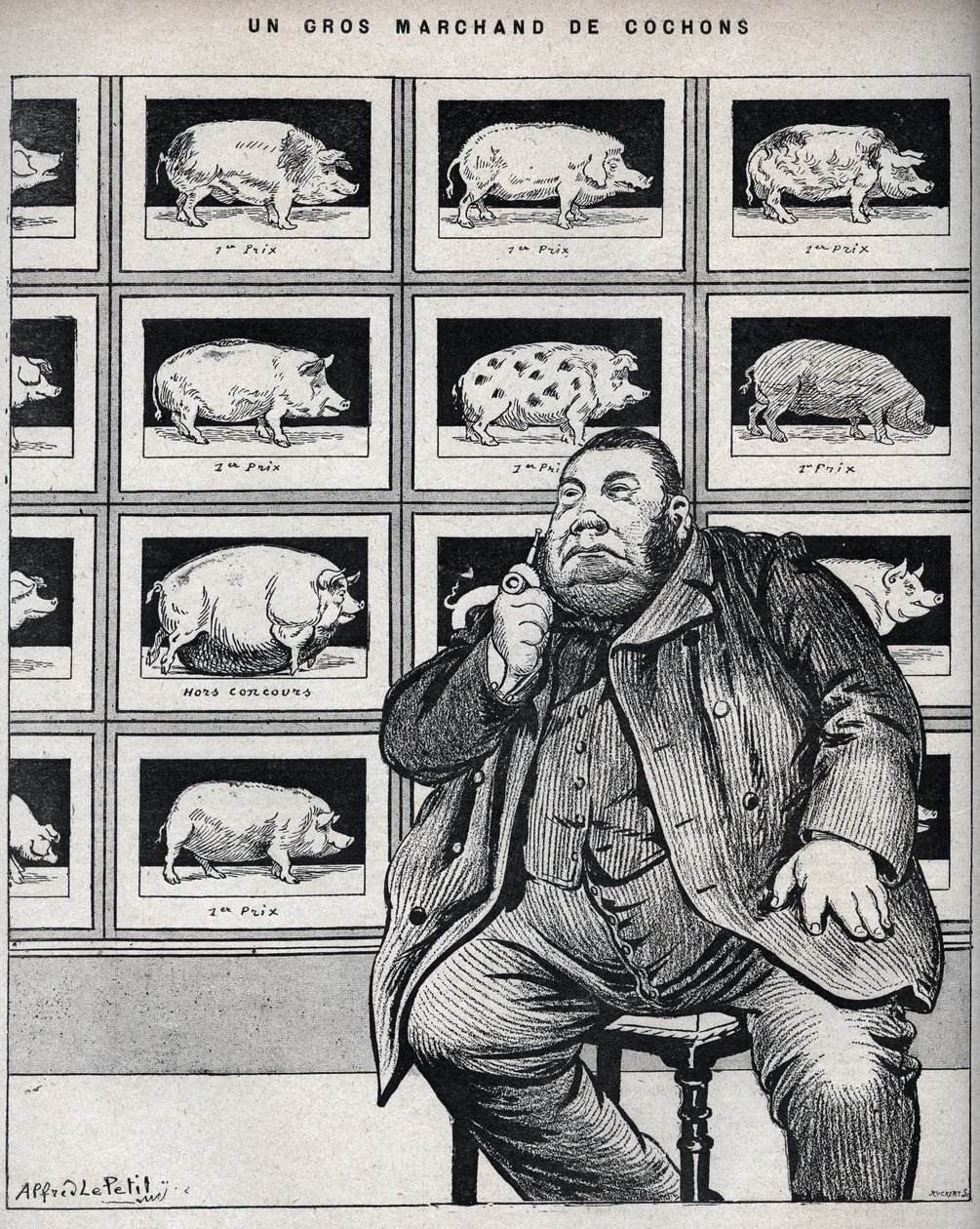Ein großer Schweinehändler - Karikatur in „Le Cochon, Souvenirs der Normandie“ 1898 von Alfred Le Petit
