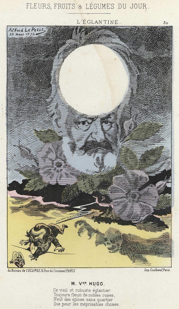 Die Heckenrose: Karikatur auf Victor Hugo - Illustration vom 22.03.1871 in „Blumen, Früchte und Gemüse des Tages“ von Alfred Le Petit