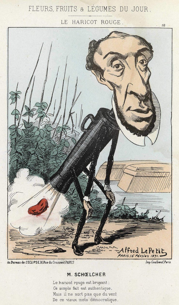 Die rote Bohne: Karikatur von Victor Schoelcher stellt im Zug von Peter eine Bohne (Furz) dar - ill. vom 16/02/1871 von Alfred Le Petit, in „Blumen, Früchte und Gemüse des Tages“ von Alfred Le Petit