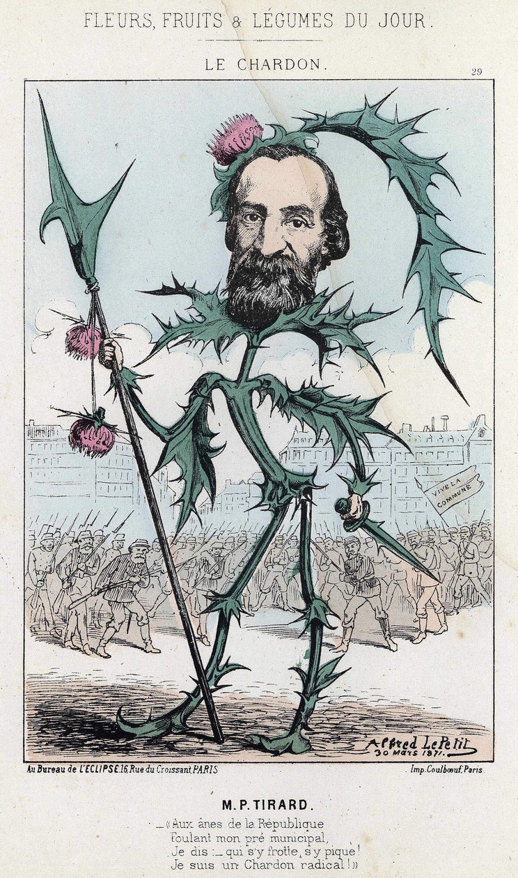 Le Thistle: Karikatur über P. Tirard - Ill. vom 30/03/1871 in „Blumen, Früchte und Gemüse des Tages“ von Alfred Le Petit