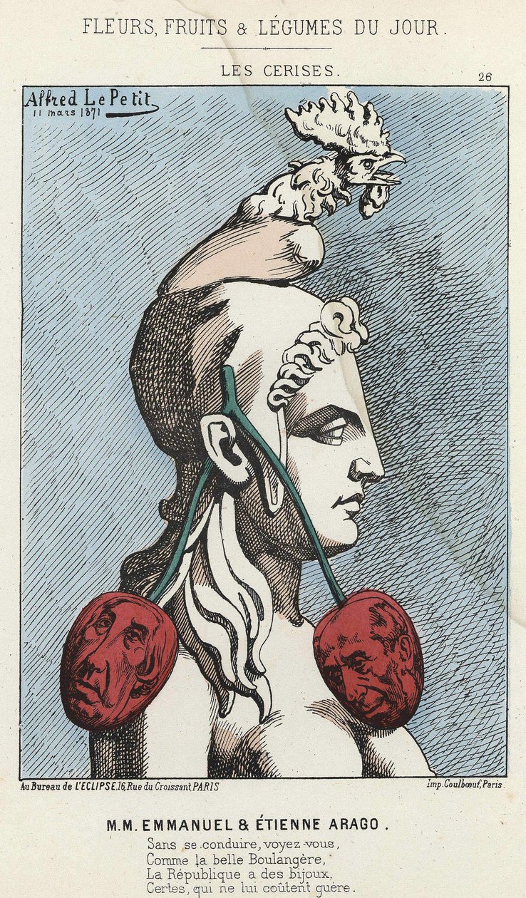 Die Kirschen: Karikatur auf MM Emmanuel und Etienne Arago - Illustration vom 11.03.1871 in „Blumen, Früchte und Gemüse des Tages“ von Alfred Le Petit