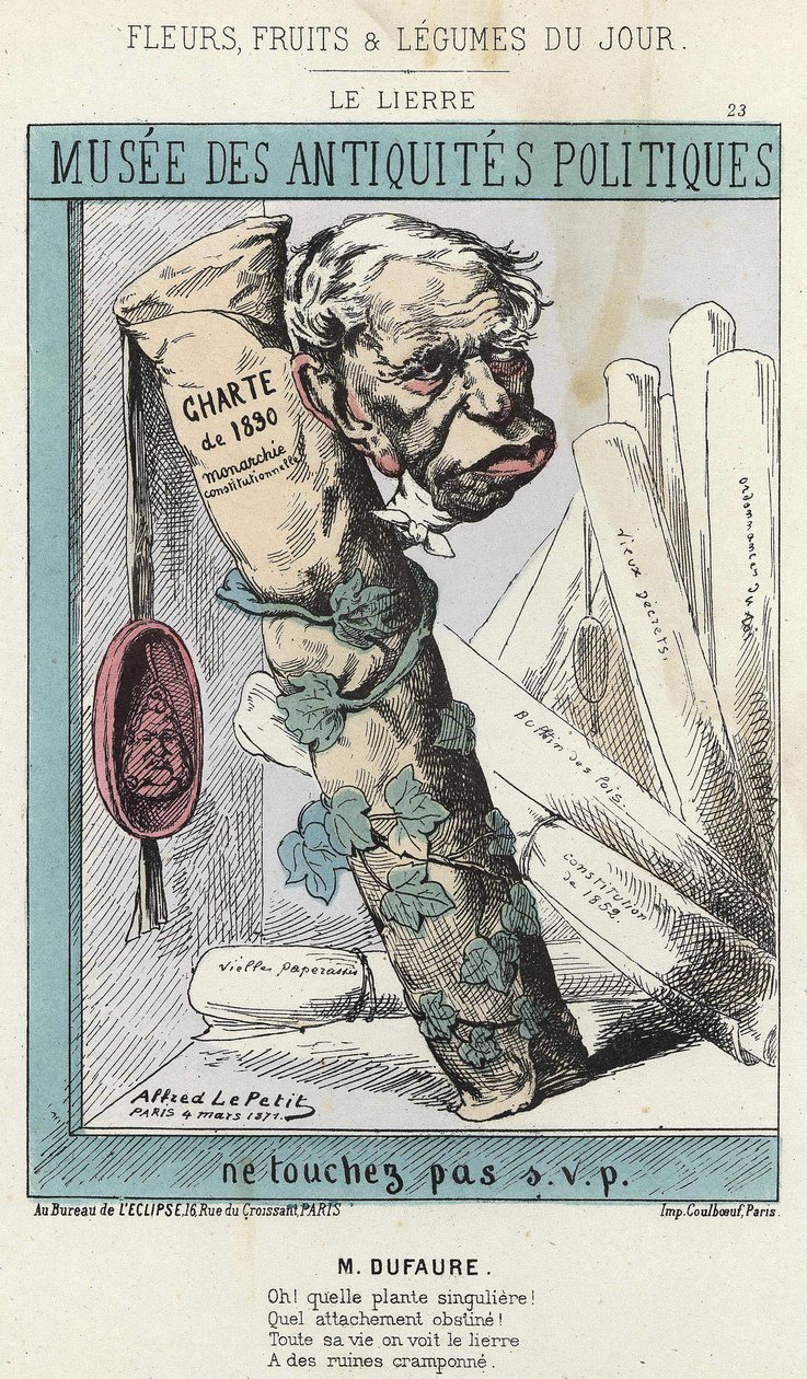 Der Efeu: Karikatur auf Jules Armand Dufaure (1798-1881) im Efeu, der eine Papierrolle mit der Aufschrift „Charta von 1830“ und ein Siegel mit dem Kopf von König Louis Philippe I. umgibt - Illustration vom 04.03.1871 in „Blumen, Früchte und Gemüse des Tage von Alfred Le Petit
