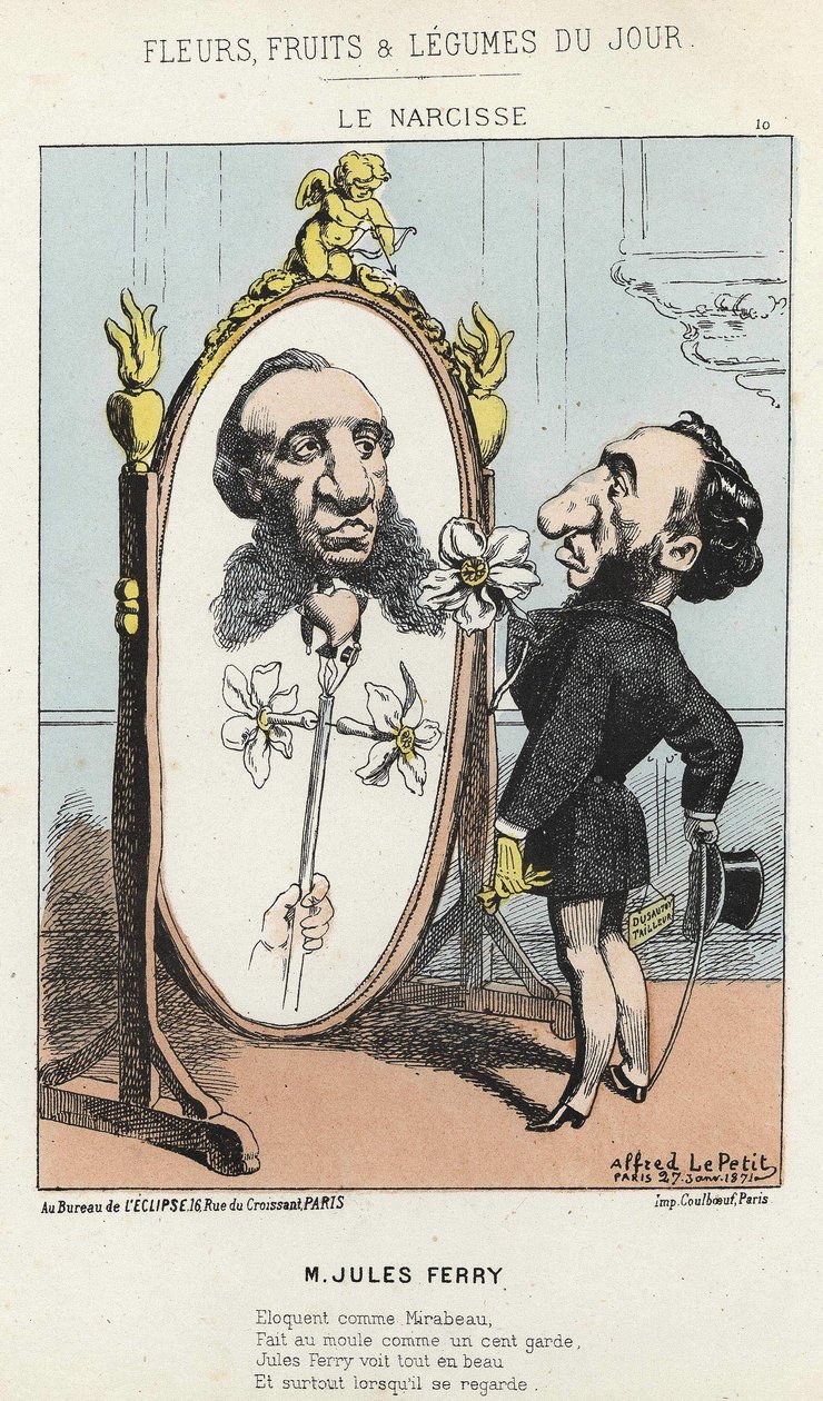 Die Narzisse: Karikatur über Jules Ferry - ill. vom 27/01/1871 in „Blumen, Früchte und Gemüse des Tages“ von Alfred Le Petit