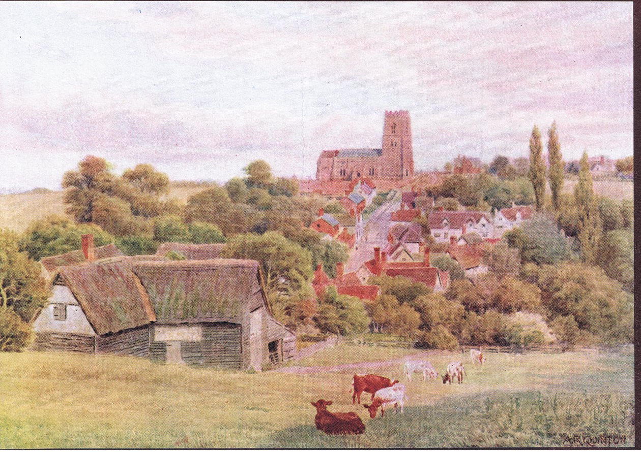 Die Kirche auf dem Hügel, Kersey, Suffolk, aus Die Cottages und das Dorfleben im ländlichen England, veröffentlicht von Dent & Sons Limited, 1912 von Alfred Robert Quinton