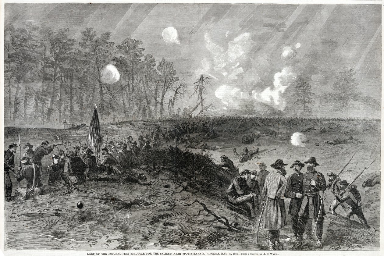 Armee des Potomac - Der Kampf um den Vorsprung, nahe Spottsylvania, Virginia. 12. Mai 1864, aus Harpers Weekly von Alfred Rudolph Waud