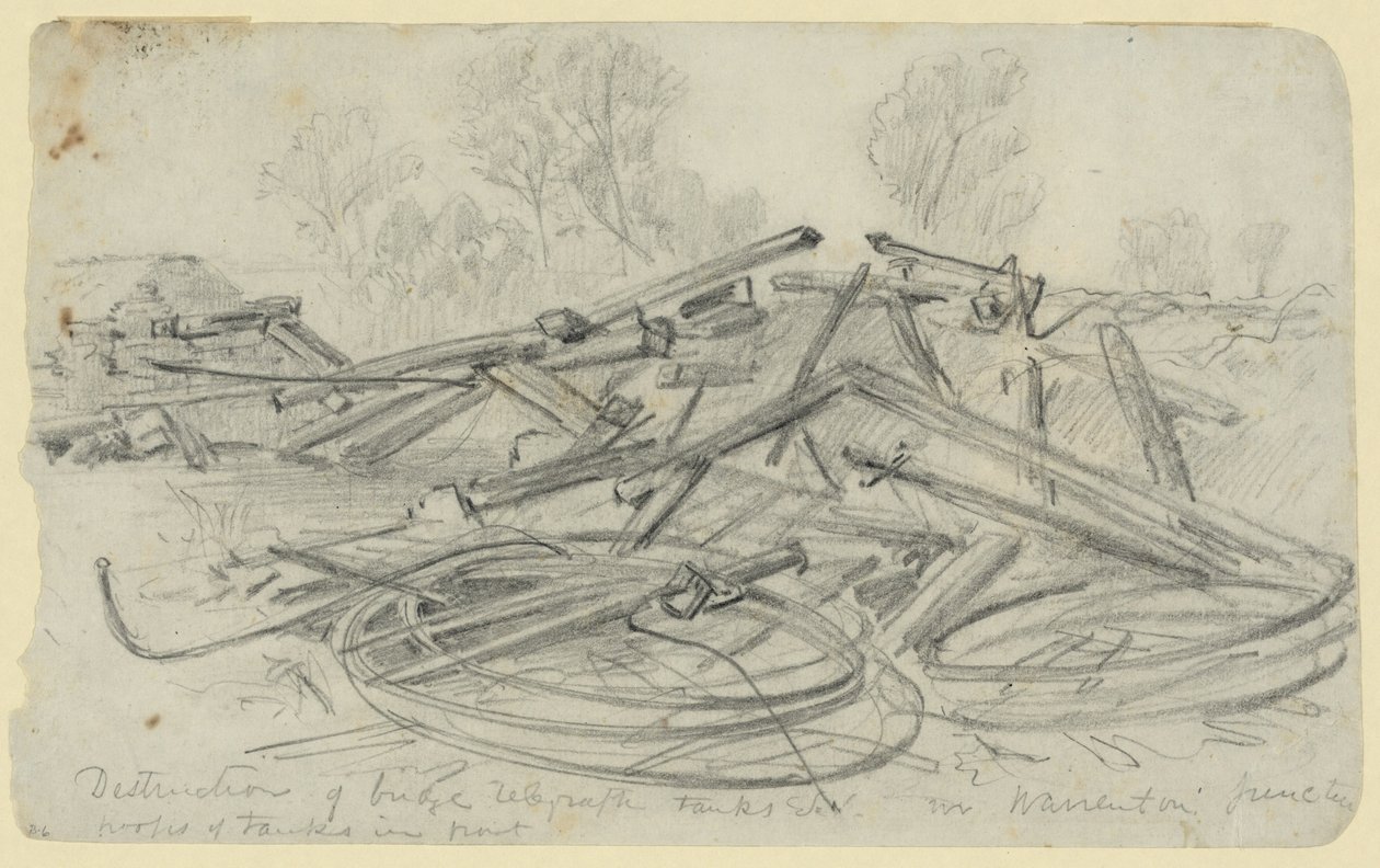 Zerstörung von Brücke, Telegraphentanks usw. in Warrenton Junction von Alfred Rudolph Waud