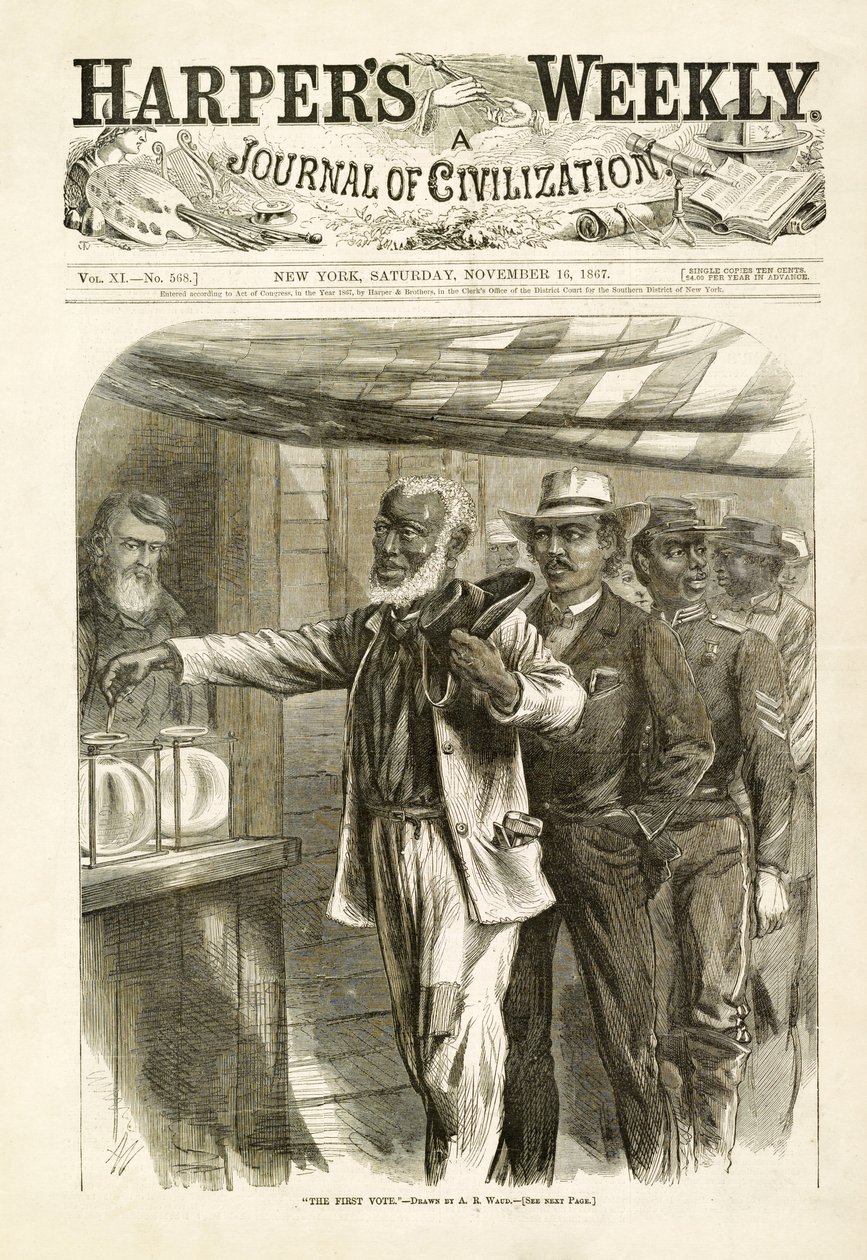 Die erste Wahl, Harpers Weekly, 1867 von Alfred Rudolph Waud