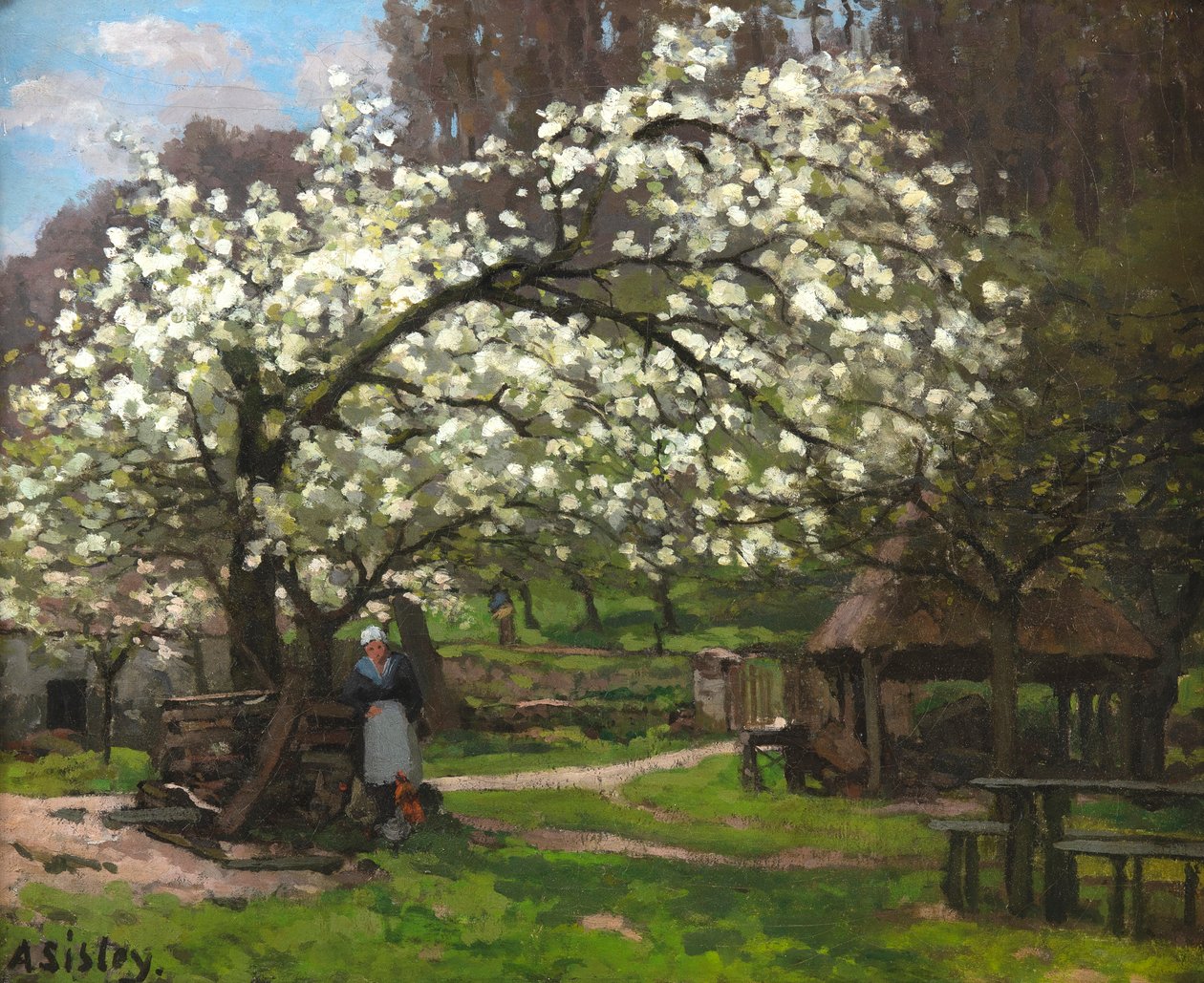 Frühling, Bäuerin unter blühenden Bäumen von Alfred Sisley