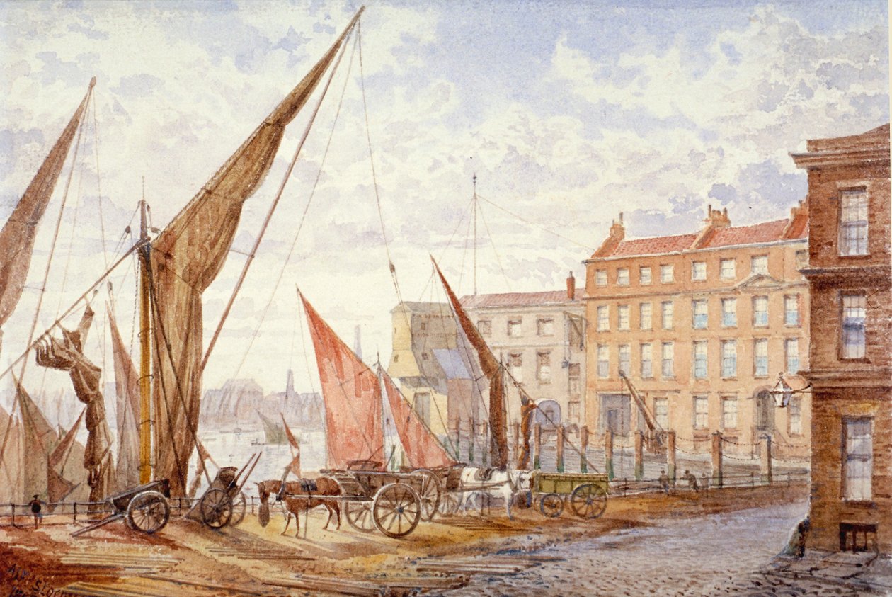 Ansicht des Maidstone Wharfs, Queenhithe, City of London, 1865 von Alfred Slocombe