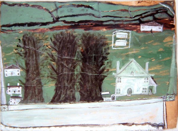 Drei Bäume, Weißes Haus in einer Landschaft von Alfred Wallis