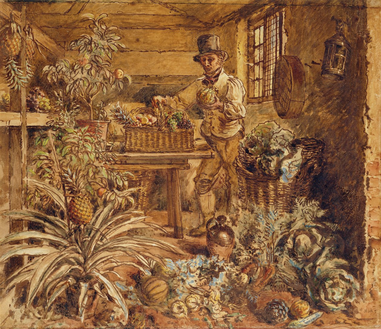 Ein Gärtner in einem Pflanzenschuppen mit Ananas und verschiedenen Gemüsen von Alfred William Hunt