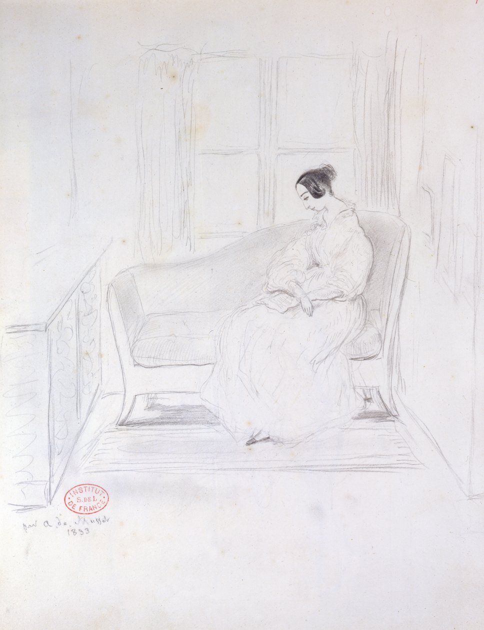 George Sand (1804-76), lesend auf einem Sofa neben einem Fenster, 1833 von Alfred de Musset