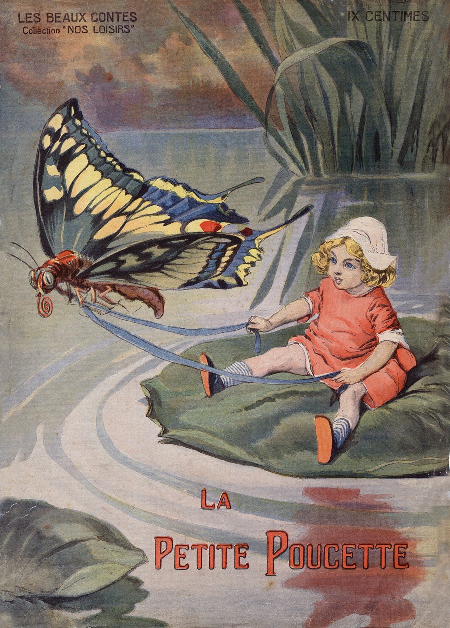 Däumelinchen. Ein winziges kleines Mädchen sitzt auf einer Seerose und wird von einem Schmetterling gezogen. Märchen von Hans Christian Andersen (1805-1875). Illustration von Vaccari und Carrey in 