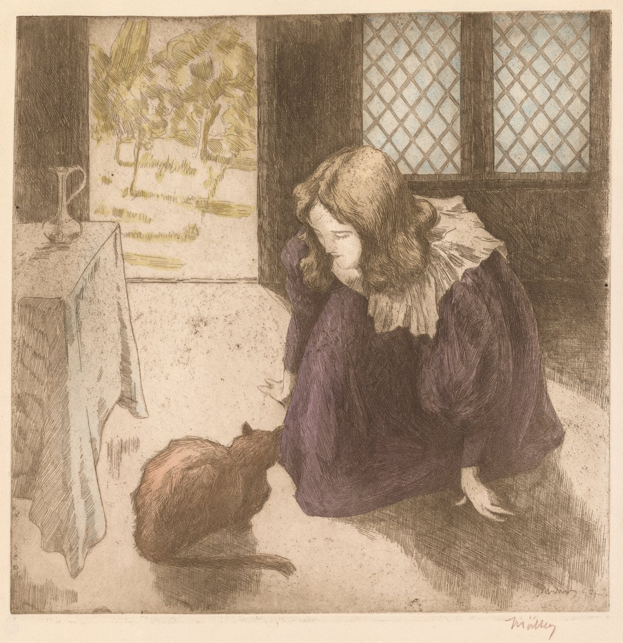 Innenraum, kleines Mädchen mit Katze von Alfredo Müller