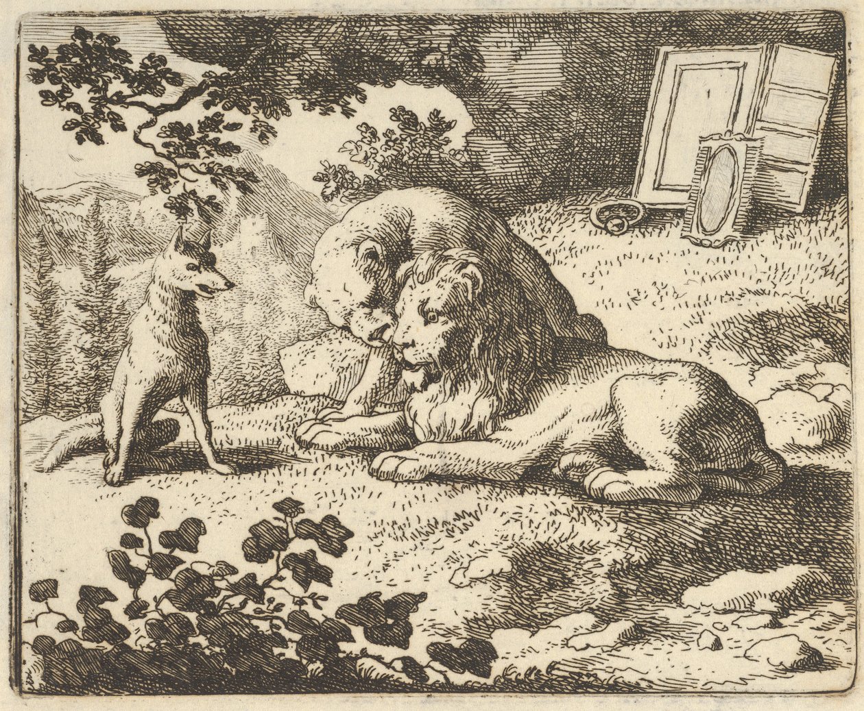 Renard lügt, dass er dem Widder verschiedene wertvolle Gegenstände gegeben hat, die für den Löwen bestimmt waren, 1650-75 von Allart van Everdingen