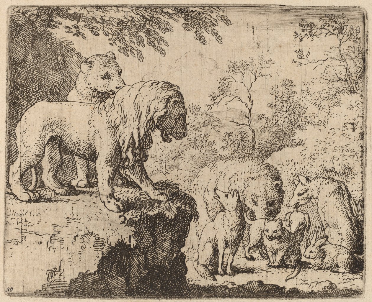 Der Löwe begnadigt Reynard vor den anderen Tieren, wahrscheinlich um 1645-1656 von Allart van Everdingen