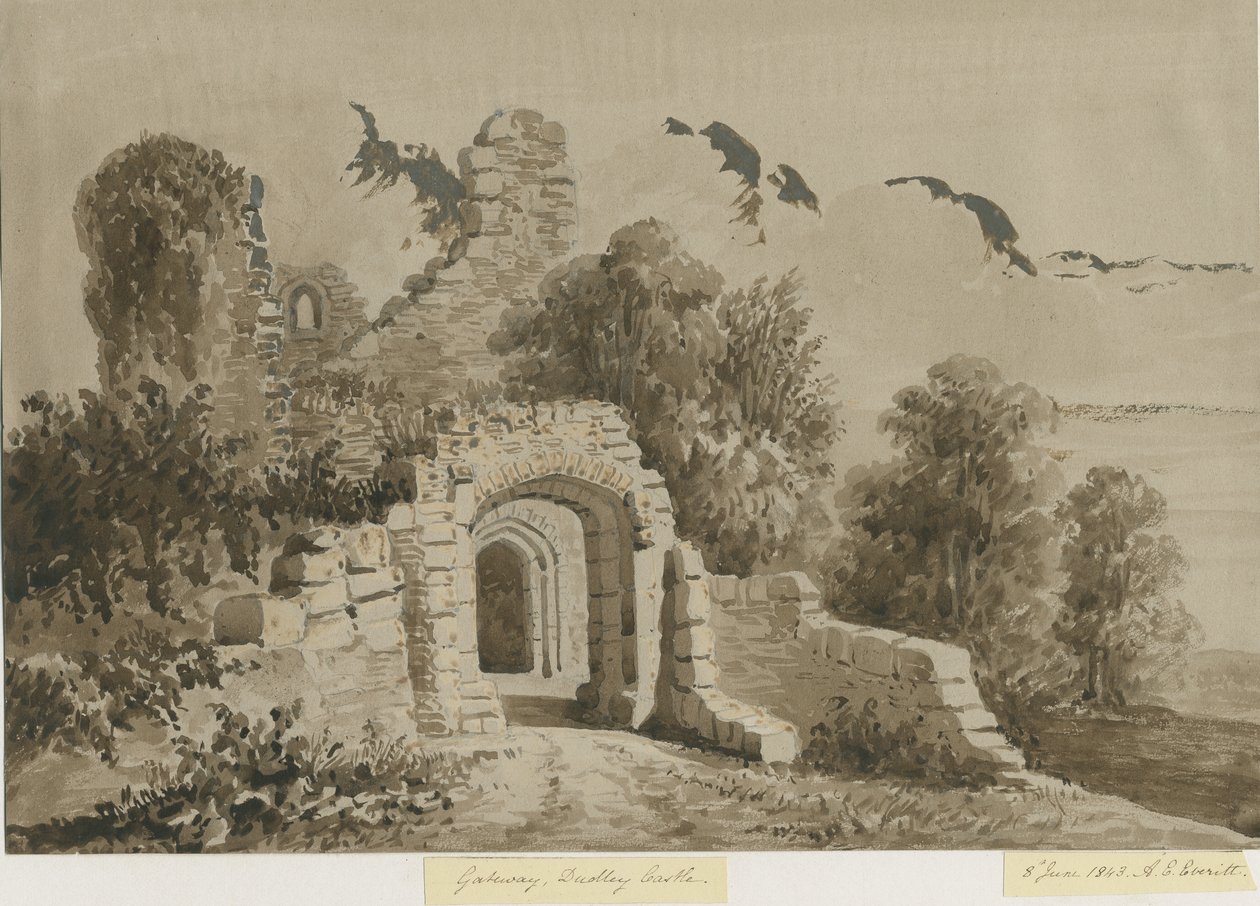 Dudley Castle - Das Tor: Rot-Sepia-Waschzeichnung von Allen Edward Everitt