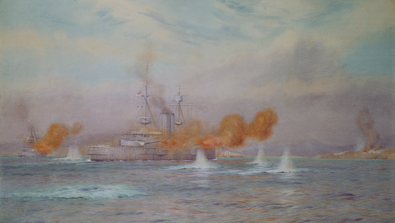H.M.S. Albion unter dem Kommando von Kapitän A. Walker-Heneage vollendet die Zerstörung der äußeren Forts der Dardanellen im Jahr 1915, 1925 von Alma Claude Burlton Cull