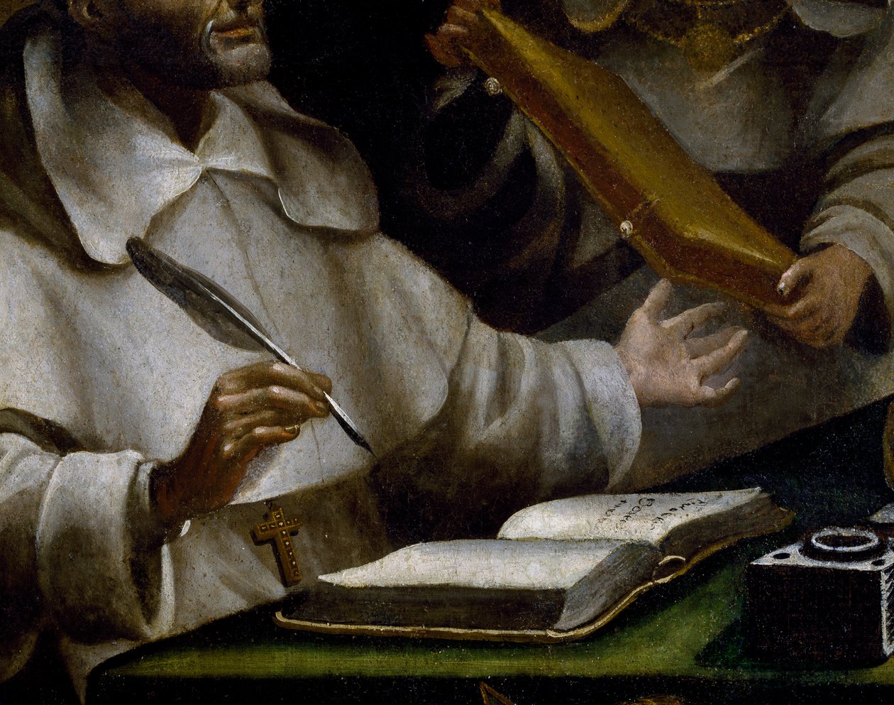 Die Hände des hl. Albert beim Schreiben (Detail) von Alonso Antonio Villamor