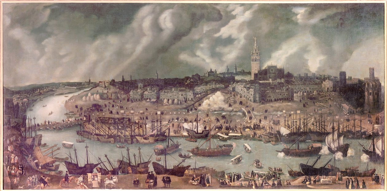 Ansicht der Stadt Sevilla (Spanien). Gemälde zugeschrieben Alonso Sanchez-Coello (circa 1531-1588) Ende des 16. Jahrhunderts von Alonso Sánchez Coello