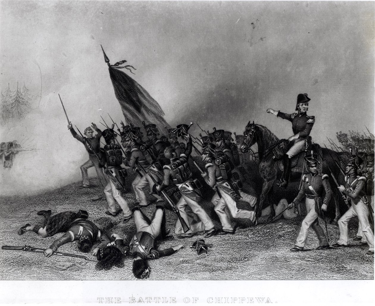 Die Schlacht von Chippewa, General Scott befiehlt den Angriff auf McNeils Bataillon, 5. Juli 1814, graviert von Johnson, Fry und Co. (Gravur) (s/w Foto) von Alonzo Chappel