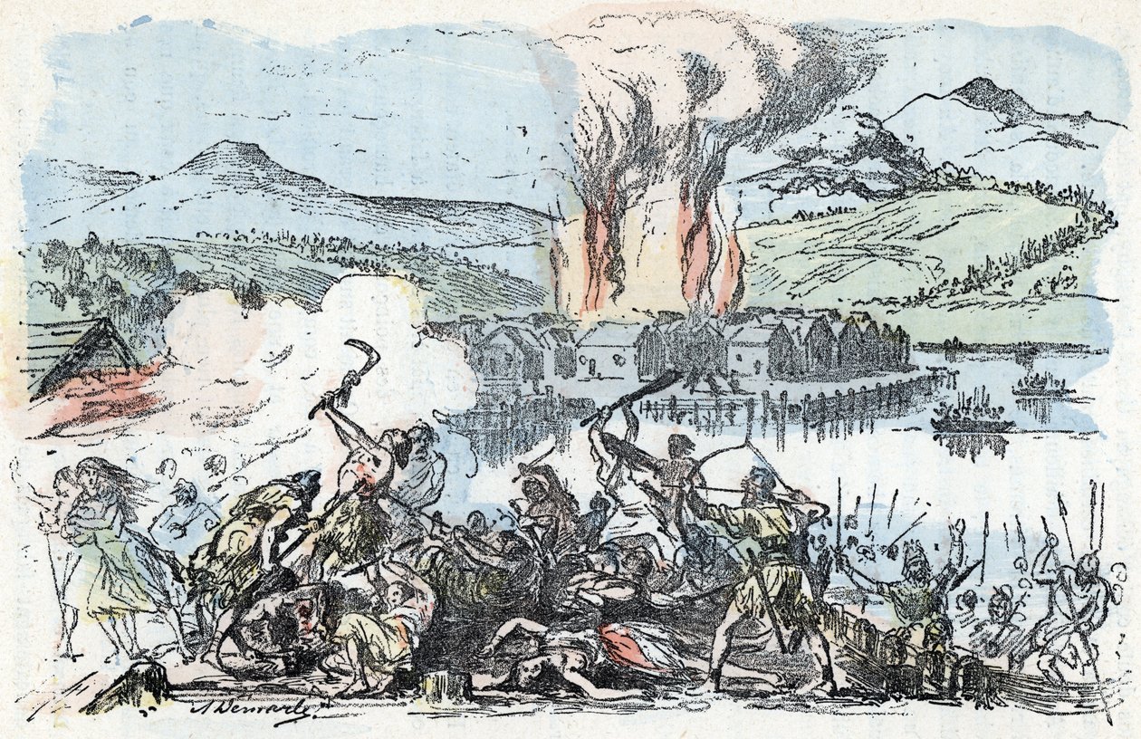 Urgeschichte: Kriegsszene zu Beginn der Eisenzeit, Brand der Pfahlbausiedlungen von Alphonse Demarle