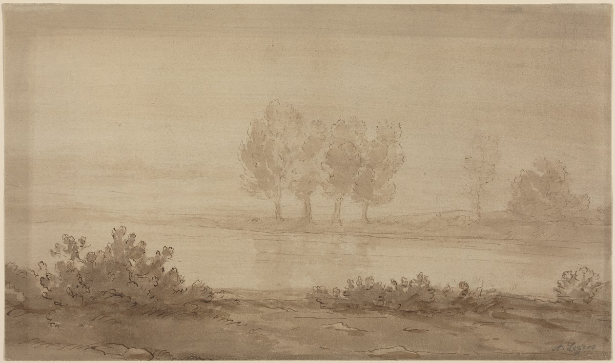 Landschaft - Vier Bäume jenseits eines Flusses von Alphonse Legros