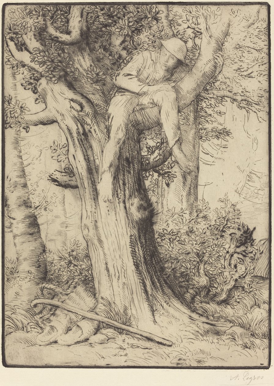 Landschaft mit einem Jungen im Baum (Detail) von Alphonse Legros
