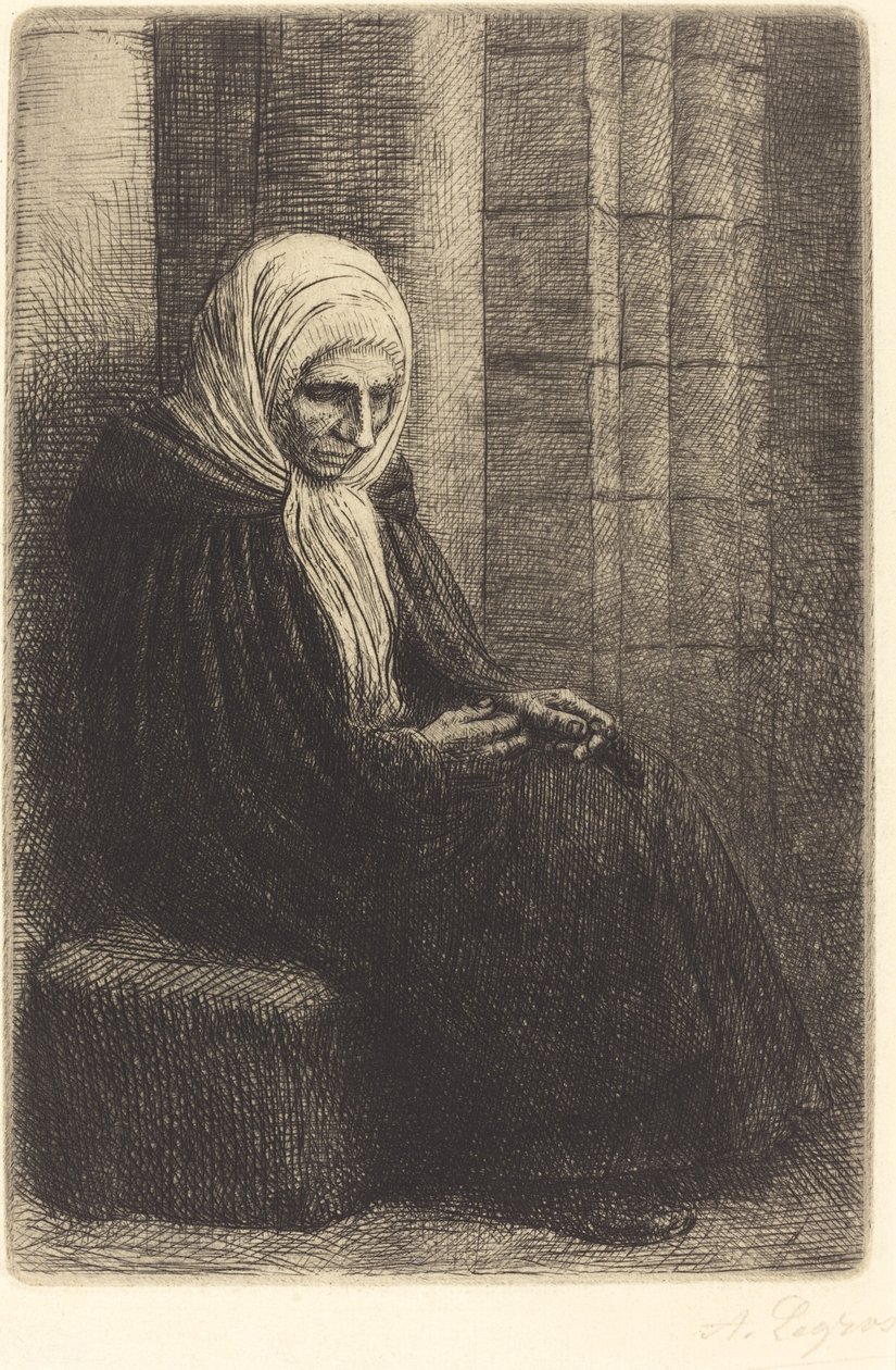 Frau sitzt an einer Wand, Kind mit Kopf in ihrem Schoß von Alphonse Legros
