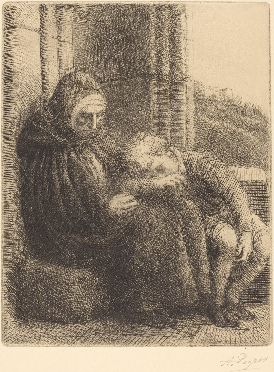 Frau sitzt an einer Wand, Kind mit Kopf in ihrem Schoß von Alphonse Legros