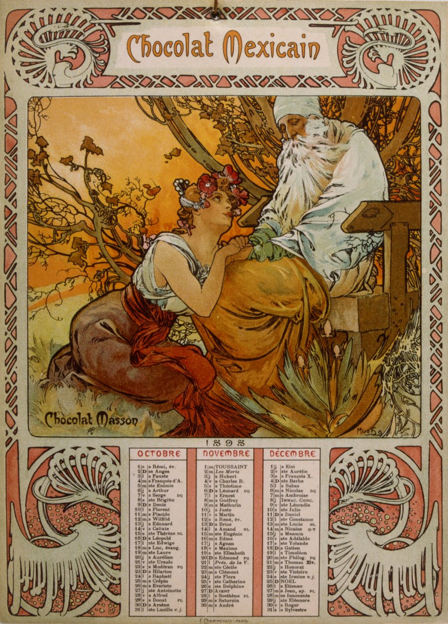 Schokoladenkalender von Masson, illustriert von Mucha (1860 – 1939), einem tschechischen Jugendstilmaler von Alphonse Mucha