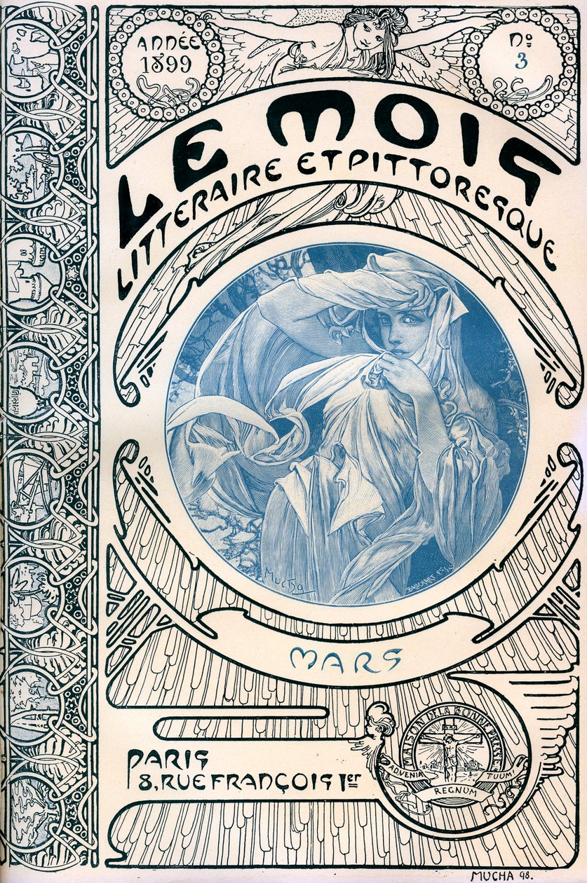 Titelblatt der Zeitschrift (Monatszeitschrift) Der literarische und malerische Monat von Alphonse Mucha (1860-1939): März 1899 - Maison de la Bonne Presse von Alphonse Mucha