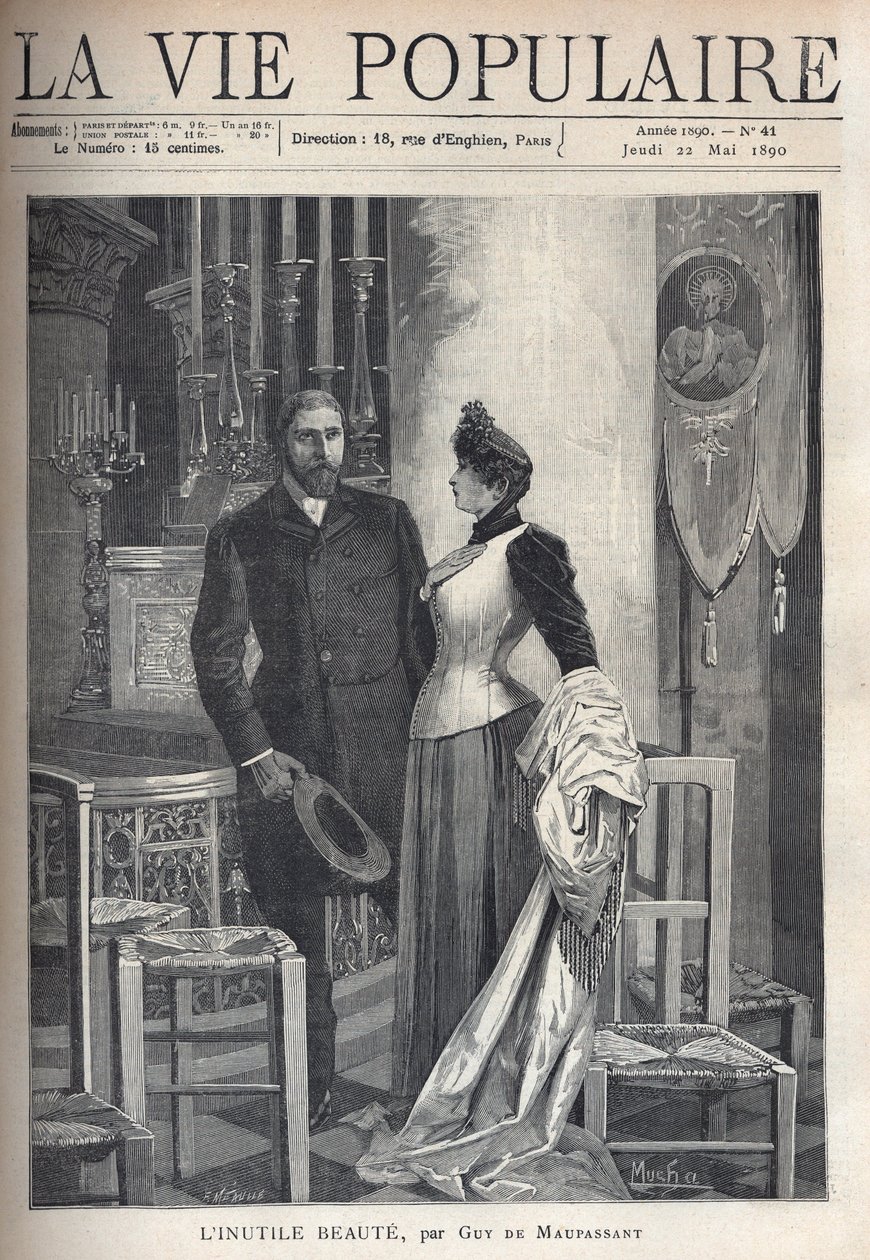 In einer Kirche steht ein schönes und elegantes Paar zwischen Kerzen und betet zu Gott. Illustration von Alfons Maria Mucha (Alphonse Marie Mucha) von Alphonse Mucha