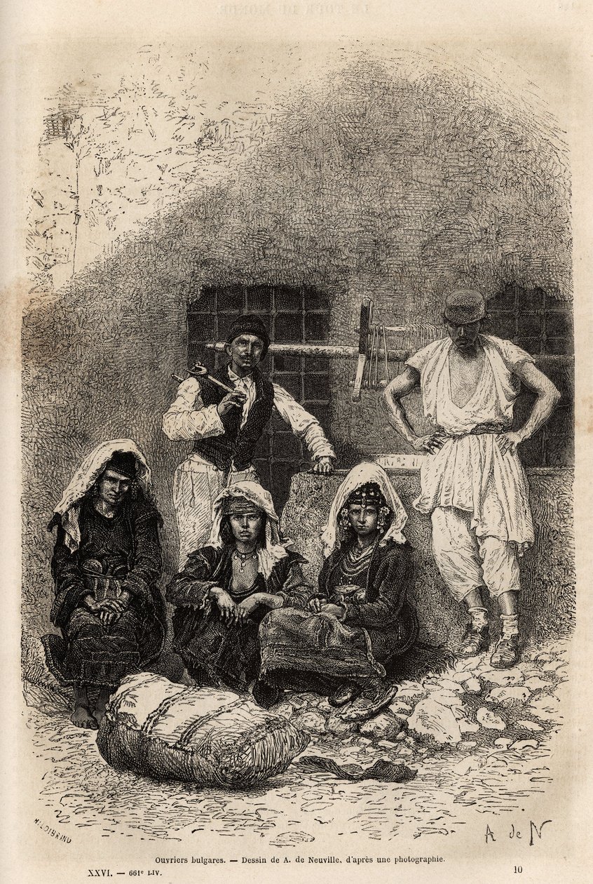 Bulgarische Arbeiter, nahe Sophia, Gravur nach der Zeichnung von A. De Neuville, zur Illustration der Reise nach Bulgarien, von Guillaume Lejean, 1867, veröffentlicht in „Le Tour du Monde“ 1873, herausgegeben von Edouard Charton, Hachette, Paris von Alphonse Marie de Neuville