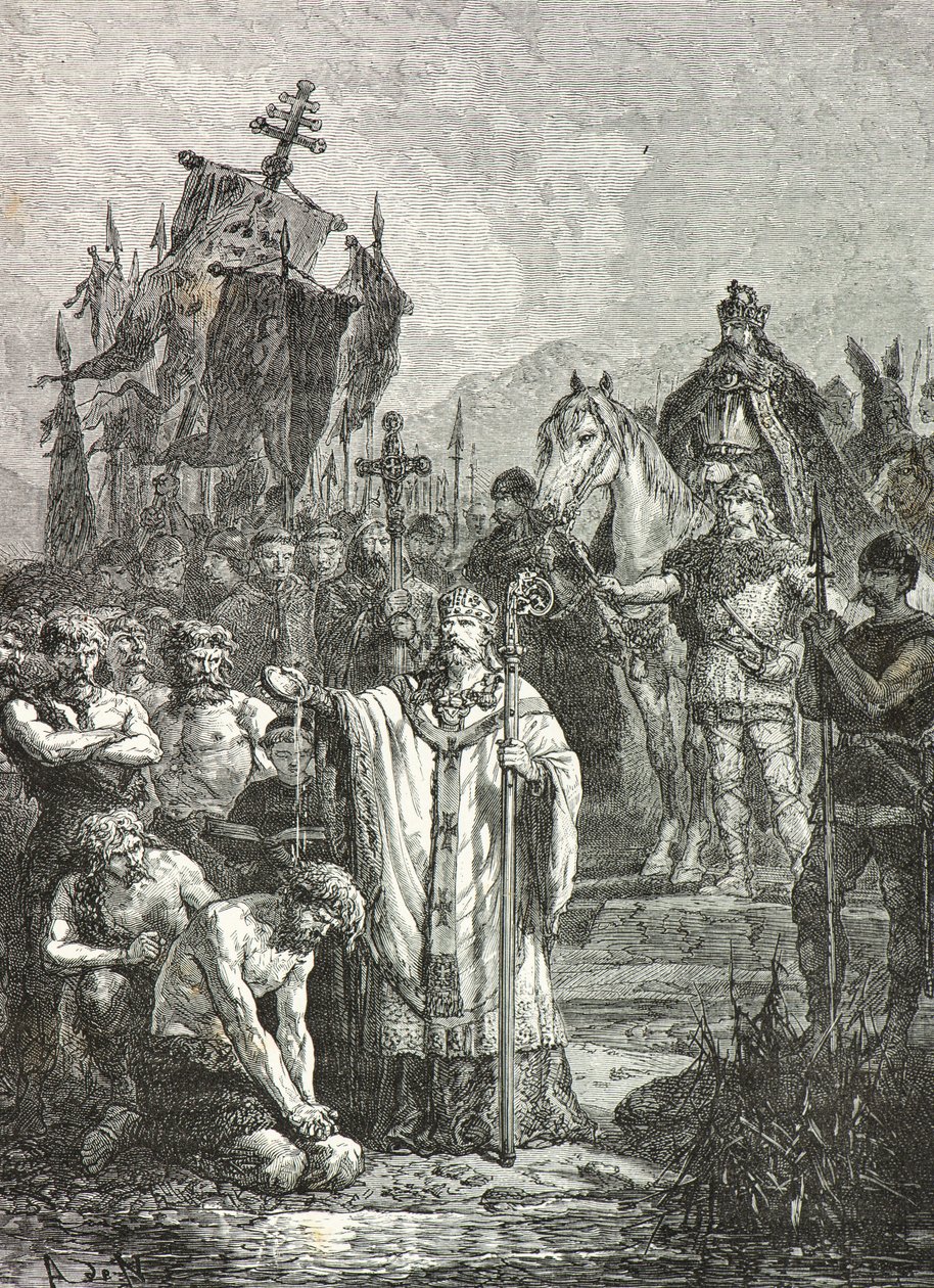 Karl der Große zwingt 804 die Sachsen zur christlichen Taufe (Gravur) von Alphonse Marie de Neuville