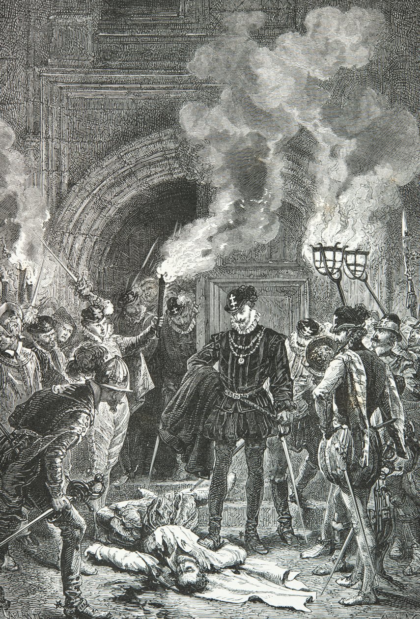 Massaker der Bartholomäusnacht, der Herzog von Guise stößt mit dem Fuß den Leichnam von Gaspard de Coligny (Gravur) von Alphonse Marie de Neuville