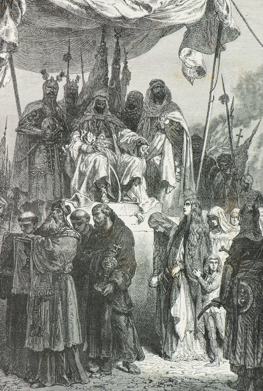 Saladin beobachtet, wie die Christen 1187 Jerusalem verlassen (Gravur) von Alphonse Marie de Neuville