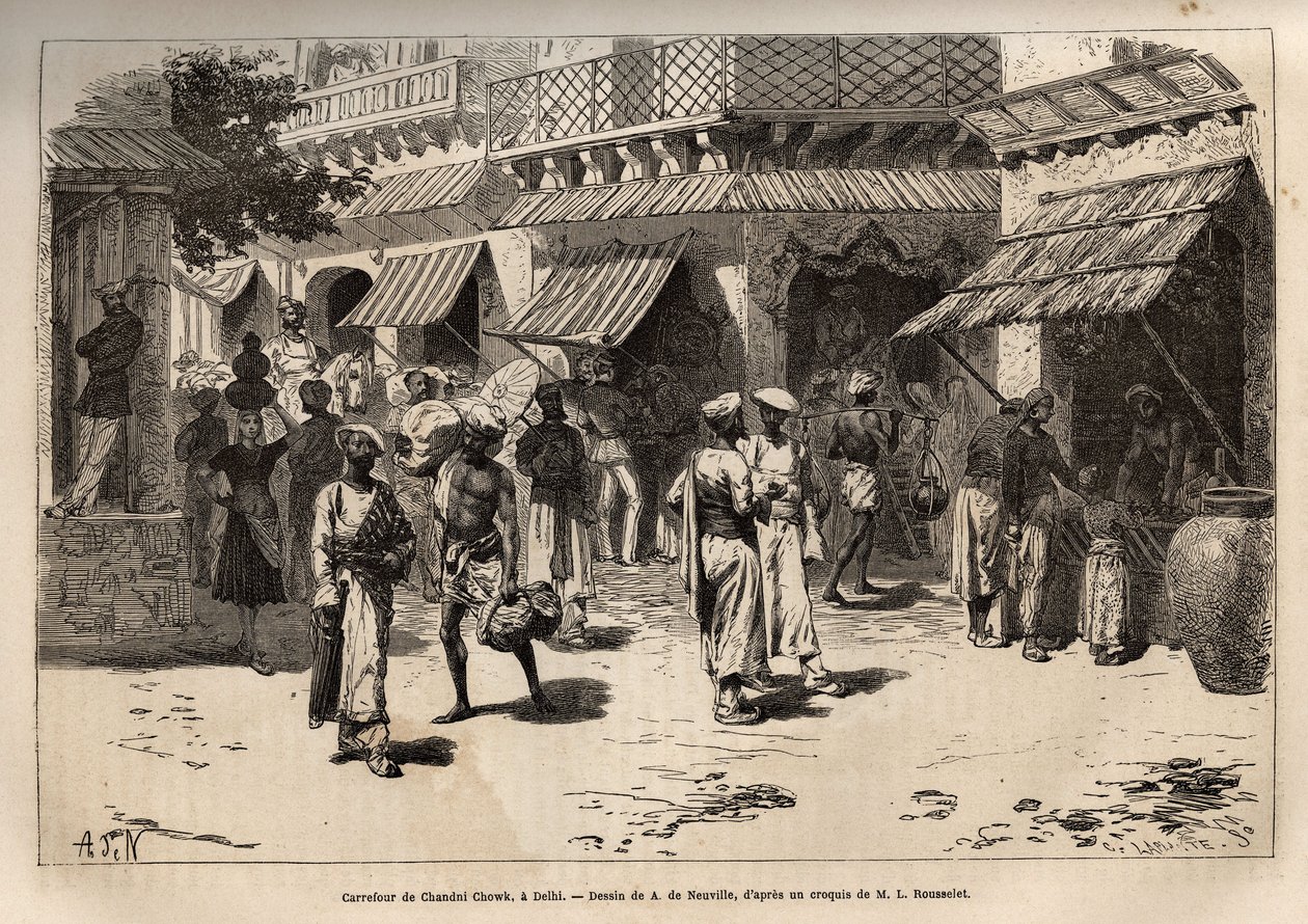 Die Kreuzung von Chandni Chowk, die Straße der Goldwürmer, die Hauptader der kommerziellen und handwerklichen Aktivitäten, die Delhi vom großen Tor des Palastes bis zum Tor von Lahore durchquert, Gravur nach der Zeichnung von A. de Neuville, zur Illustrati von Alphonse Marie de Neuville
