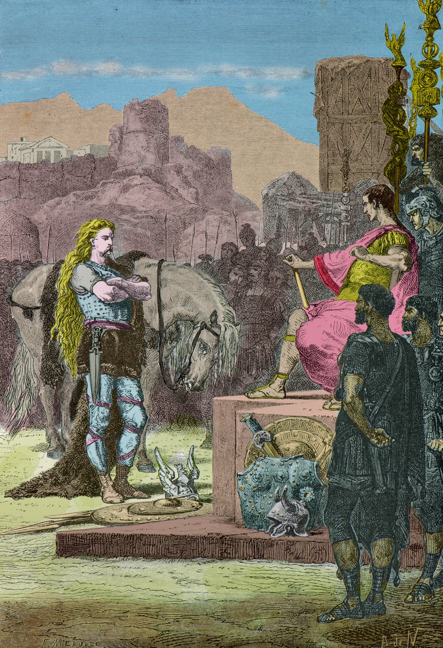 Vercingetorix ergibt sich Julius Caesar nach der Niederlage bei Alesia 52 v. Chr. (Gravur) von Alphonse Marie de Neuville