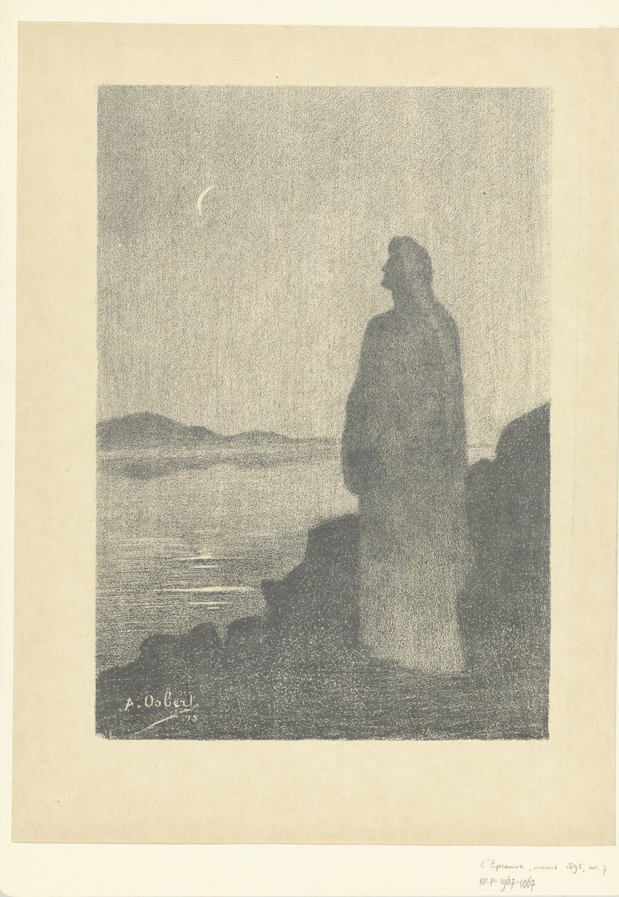Stehende Frau am Wasser schaut auf den Mond (L