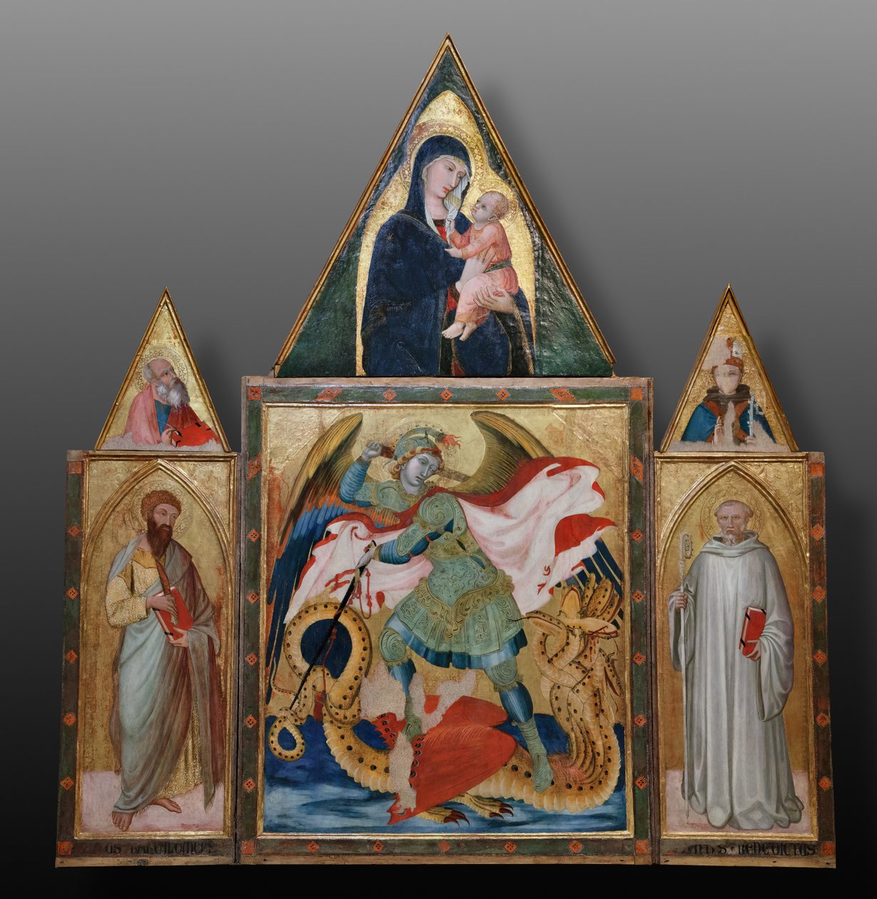 Erzengel Michael tötet den Drachen zwischen den Heiligen Benedikt und Bartholomäus von Ambrogio Lorenzetti