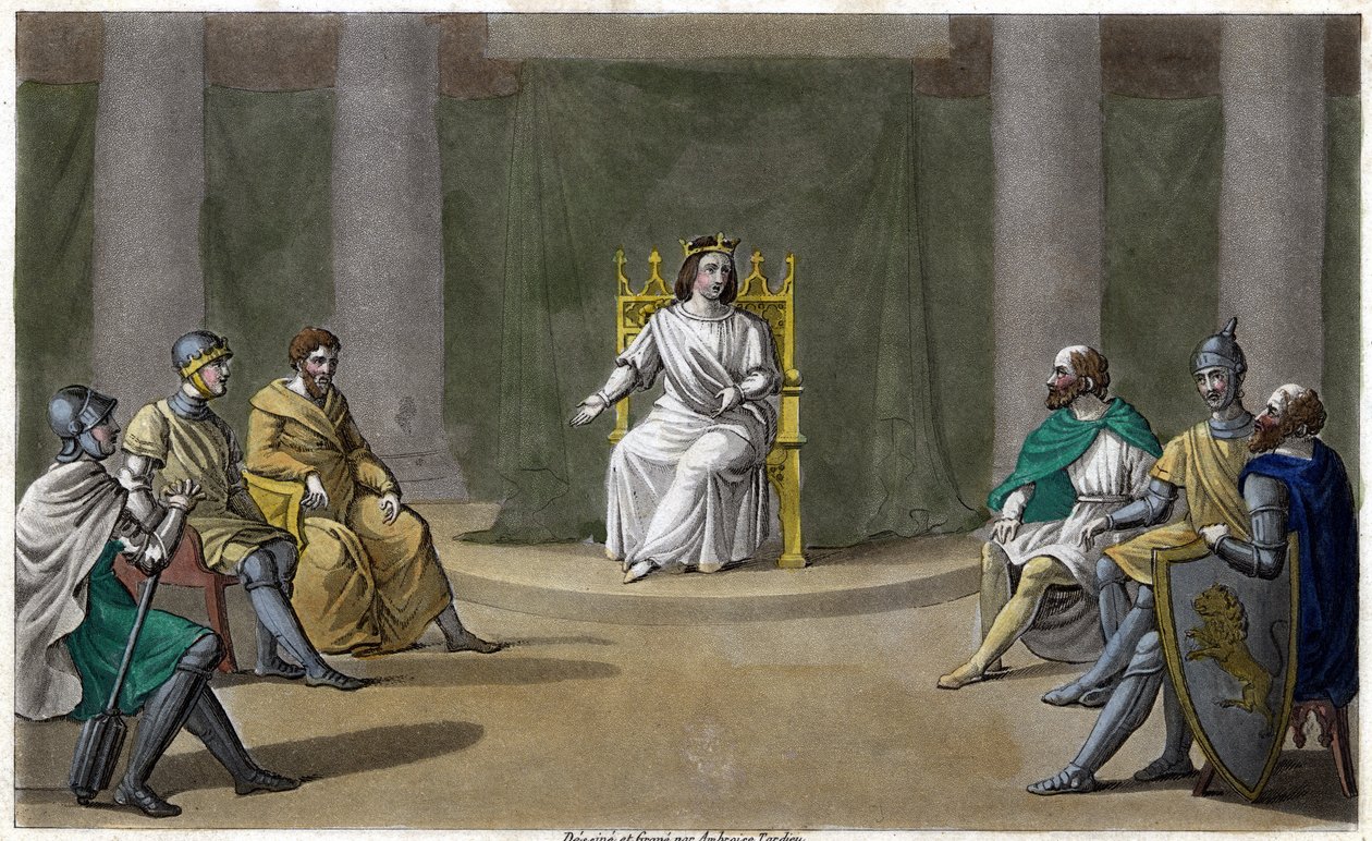 Charibert oder Cherebert, König von Paris (561 - 567), hält Rat, wo er Gerechtigkeit walten lässt. Entworfen und graviert von Ambroise Tardieu im Jahr 1825. von Ambroise Tardieu