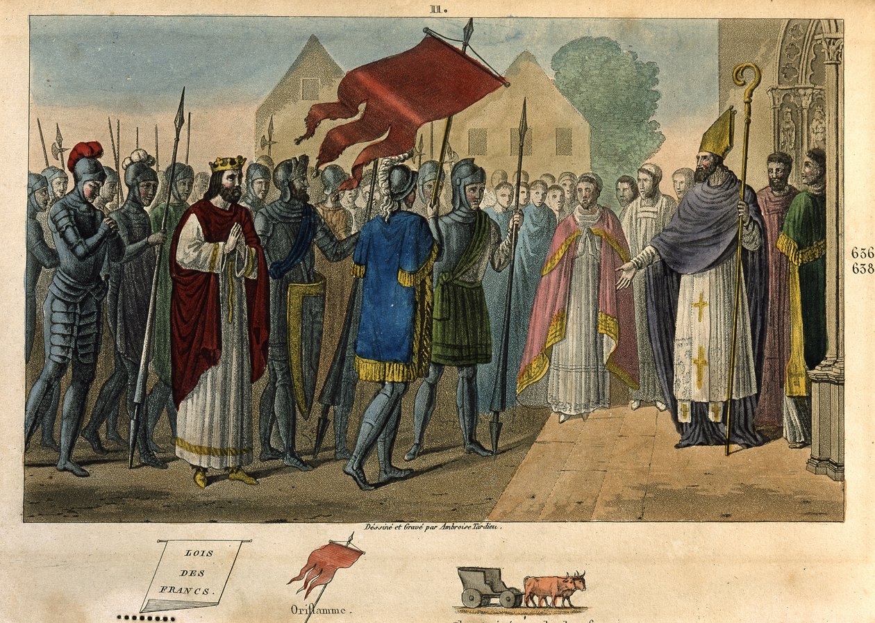 Dagobert (603 - 639) nimmt das Banner in St. Denis herunter - Dagobert I. (? - 639), König der Franken, Dynastie der Merowinger. Er gründete die Abtei Saint Denis, wo er die Oriflamme hinterlegte. Zeichnung und Gravur von Ambroise Tardieu im Jahr 1825. von Ambroise Tardieu