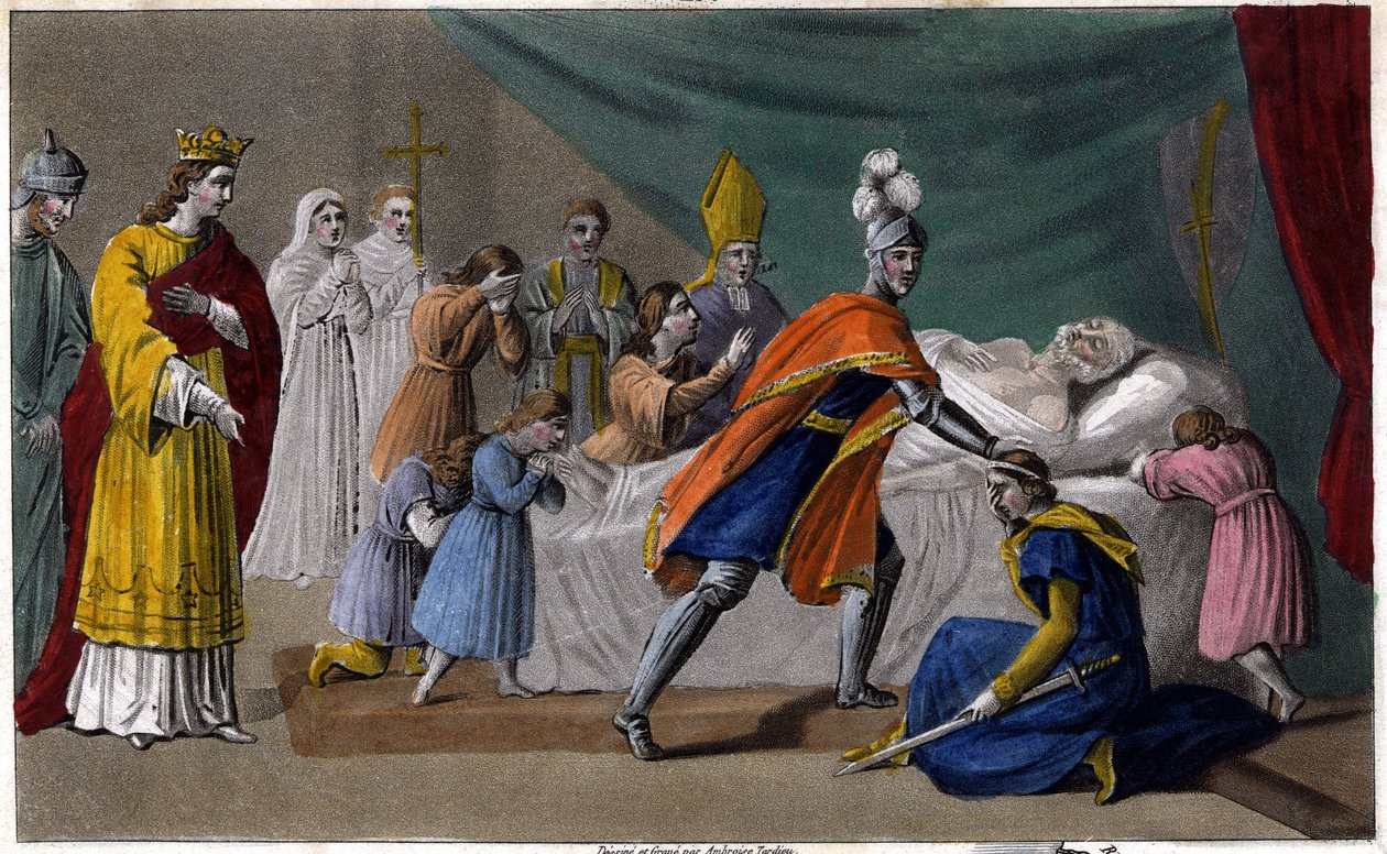 Tod von Pippin von Herstal (635-714) umgeben von seiner Familie - Tod von Pippin von Herstal (Großvater von Pippin dem Kurzen), umgeben von seiner Familie und in Anwesenheit von Dagobert III. (714) - Gezeichnet und graviert von Ambroise Tardieu im Jahr 182 von Ambroise Tardieu