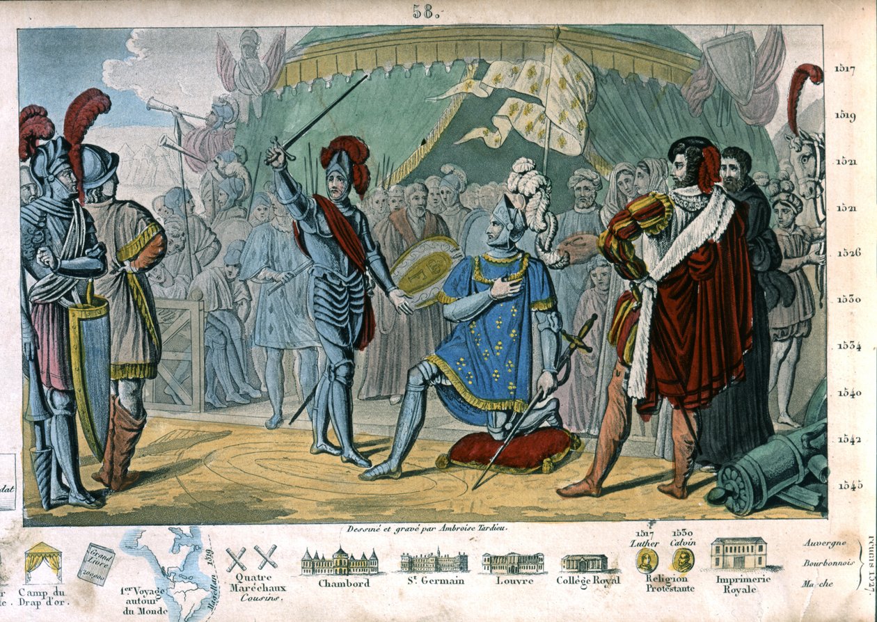 Franz I. von Frankreich bittet nach dem Sieg in der Schlacht von Marignano in Italien den Chevalier Bayard, ihn zum Ritter zu schlagen von Ambroise Tardieu
